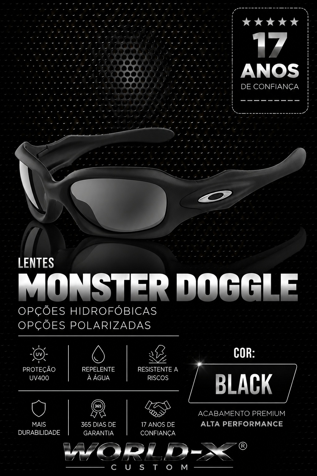 Lentes MONSTER DOGGLE BLACK — opções hidrofóbicas e polarizadas