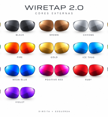 Cartão de cores externas das lentes Wiretap 2.0, com 17 cores e pares lado a lado sobre fundo branco.