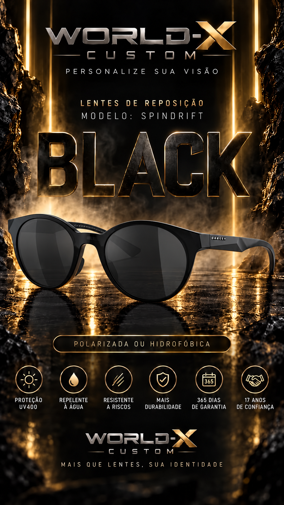 Lentes Spindrift Black — capa World-X Custom em preto e dourado